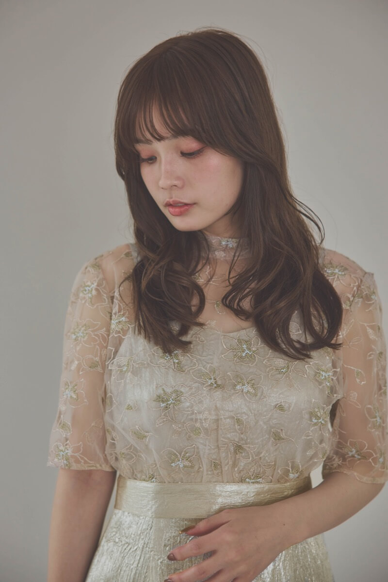 ベージュの刺繍トップス付きシャイニードレス