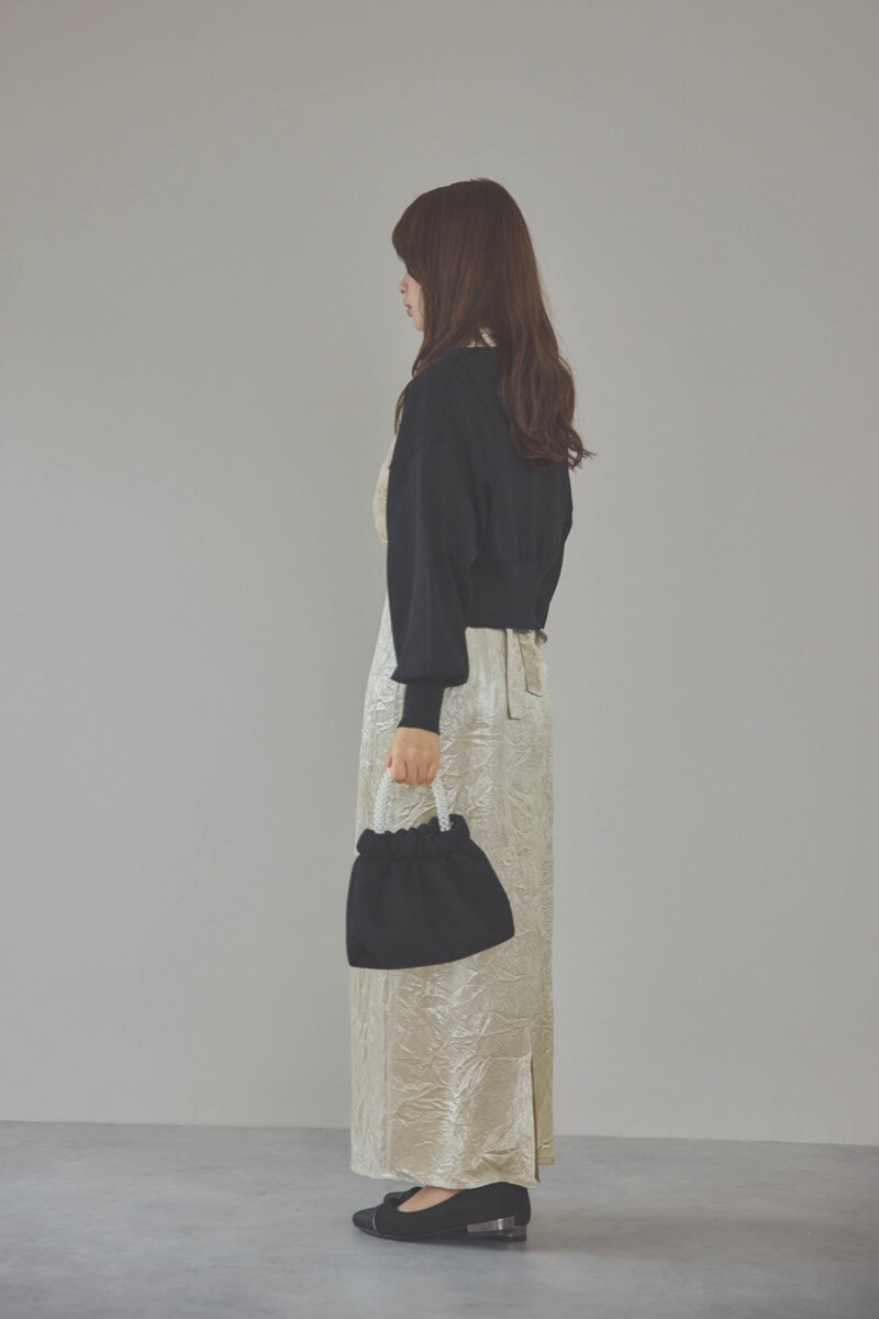 ベージュの刺繍トップス付きシャイニードレス