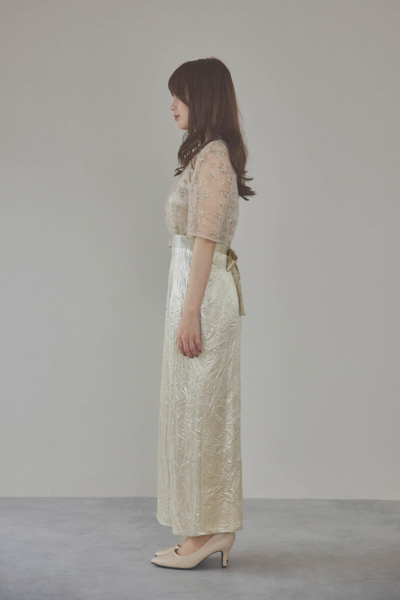 ベージュの刺繍トップス付きシャイニードレス