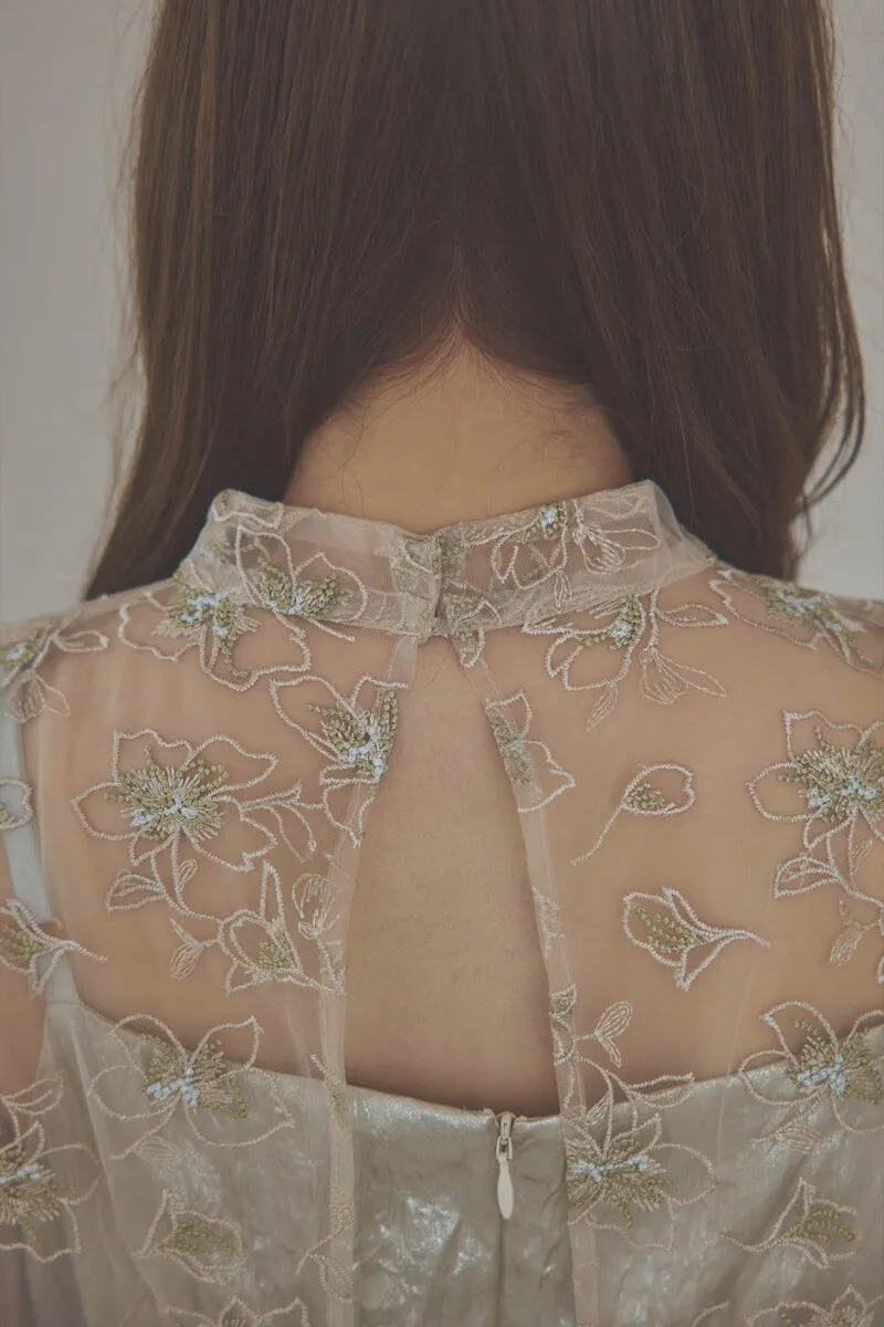 ベージュの刺繍トップス付きシャイニードレス