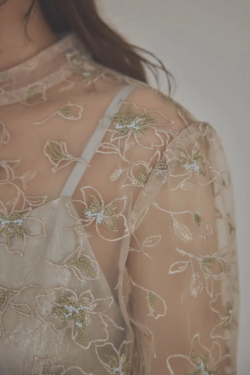 ベージュの刺繍トップス付きシャイニードレス