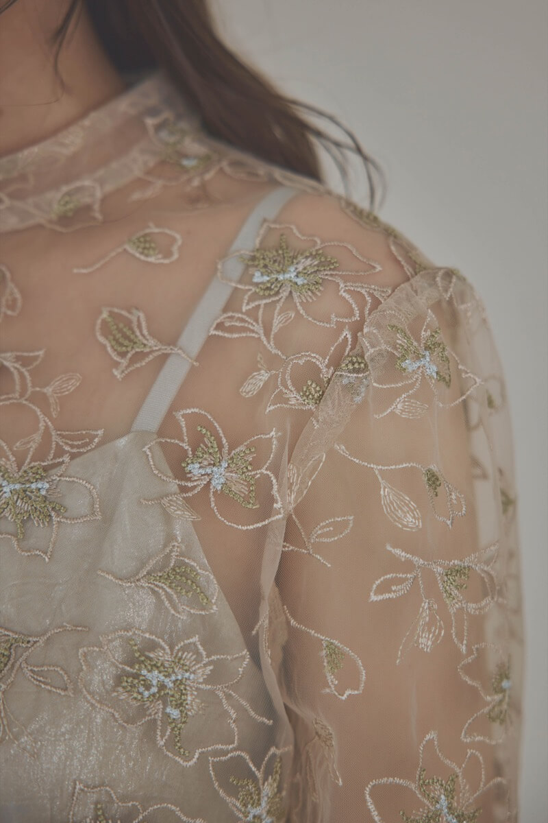 ベージュの刺繍トップス付きシャイニードレス