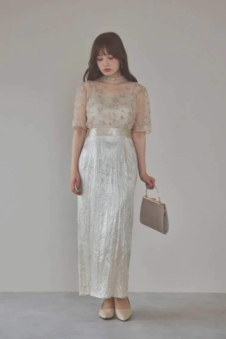 ベージュの刺繍トップス付きシャイニードレス