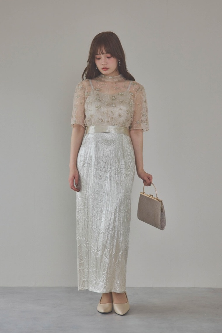 ベージュの刺繍トップス付きシャイニードレス
