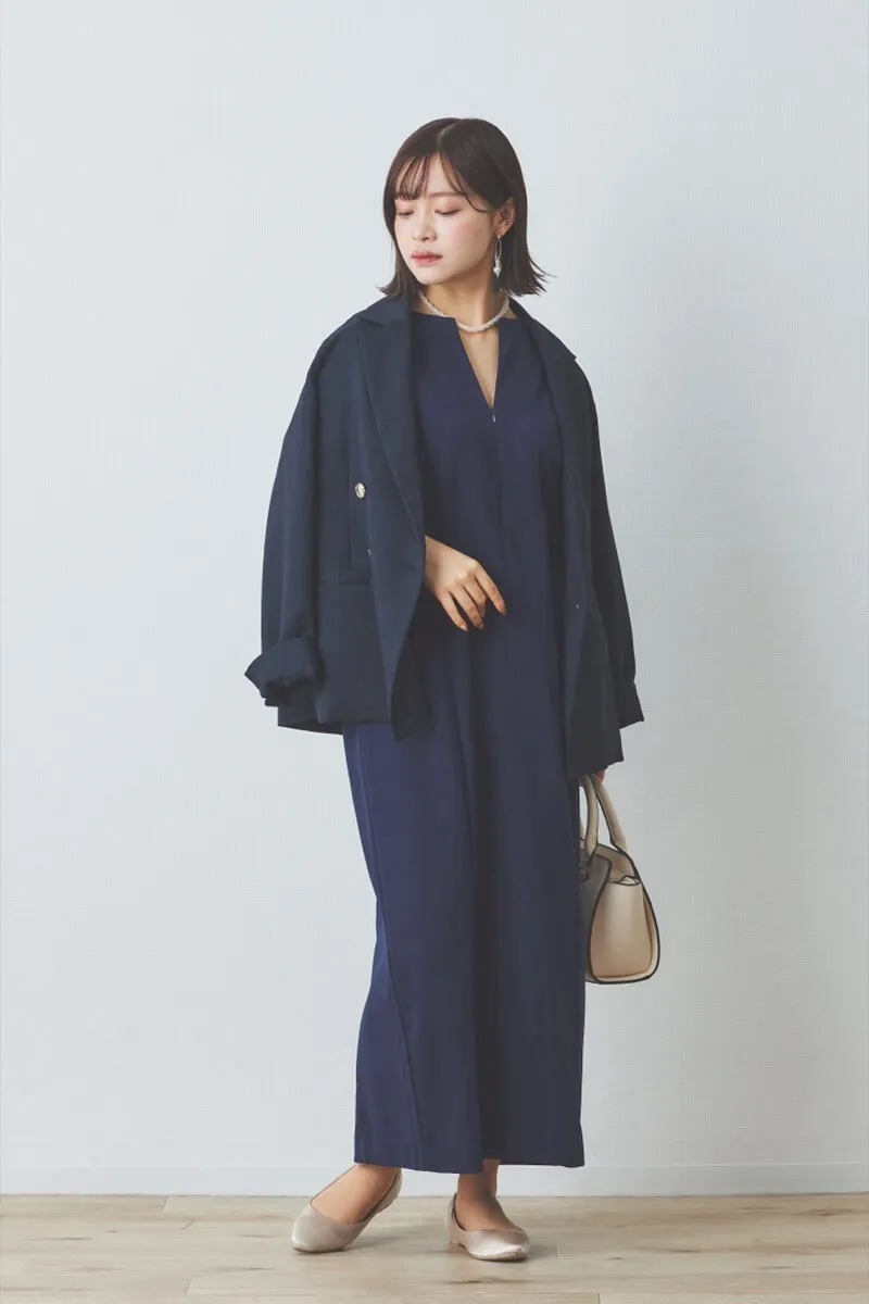 ネイビーのボリュームスリーブポンチワンピース