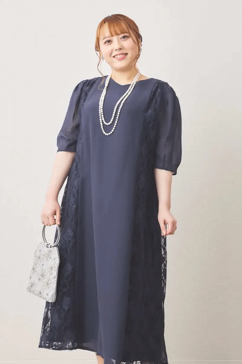 ネイビーのリボン付きサイドレースドレス