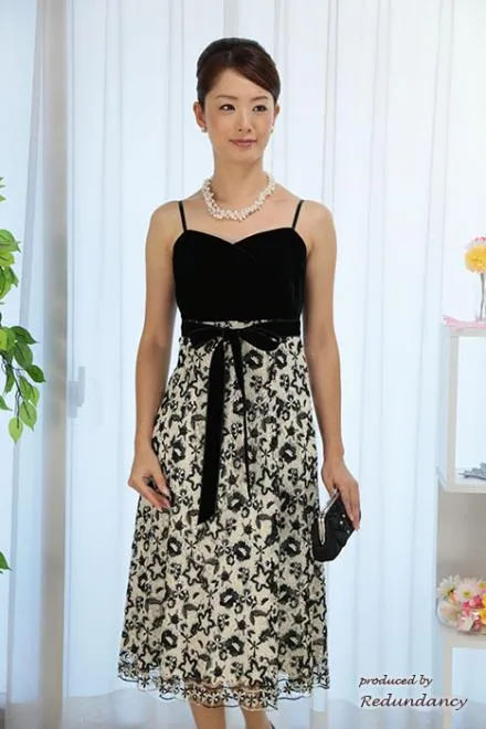 ブラック×ベージュのウエストリボンレースドレスコーディネートセット