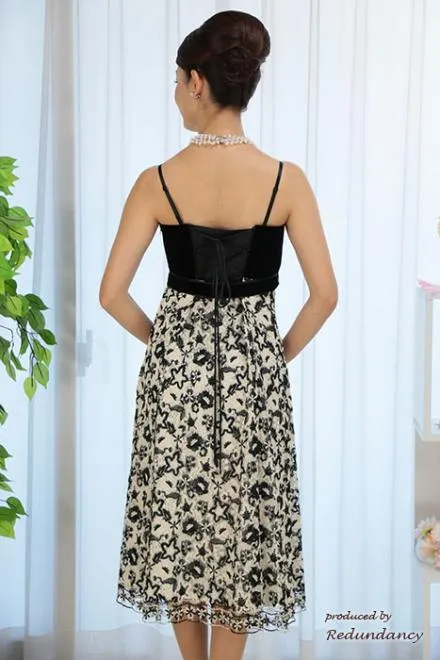 ブラック×ベージュのウエストリボンレースドレスコーディネートセット