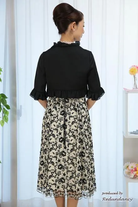 ブラック×ベージュのウエストリボンレースドレスコーディネートセット