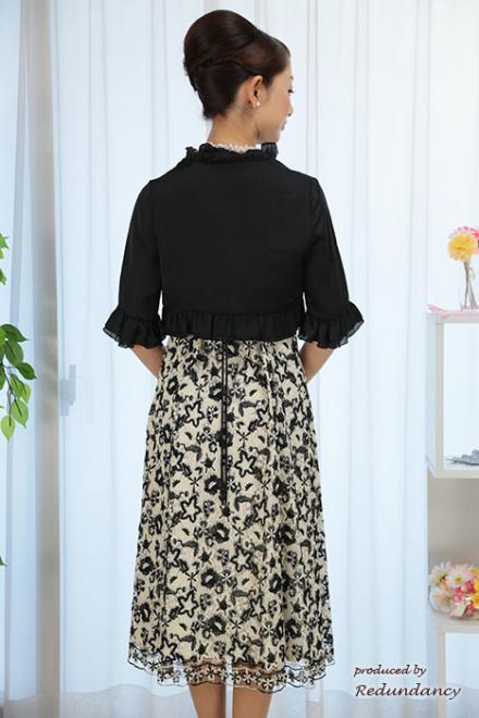 ブラック×ベージュのウエストリボンレースドレスコーディネートセット