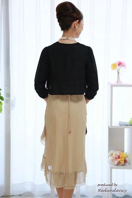 ベージュのコサージュ＆フリル裾シフォンドレスコーディネートセット