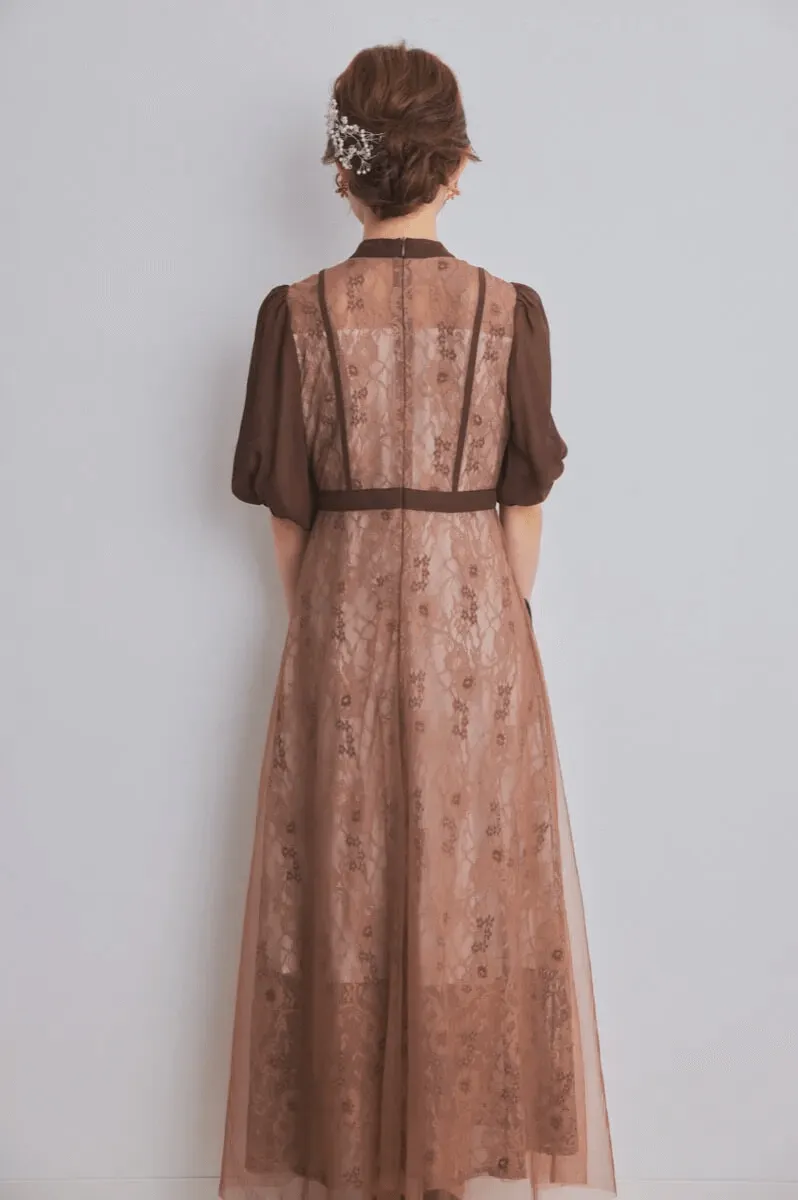 ブラウンのハイウエストチュールレースドレス