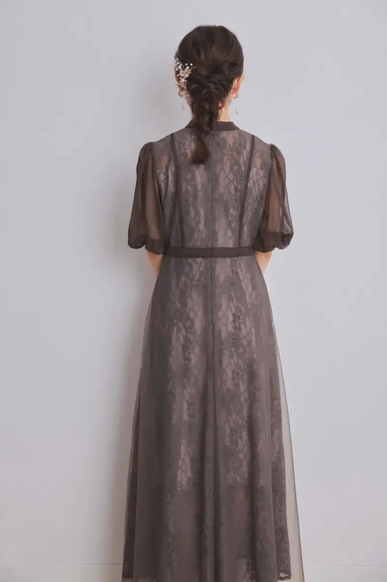 グレーのハイウエストチュールレースドレス