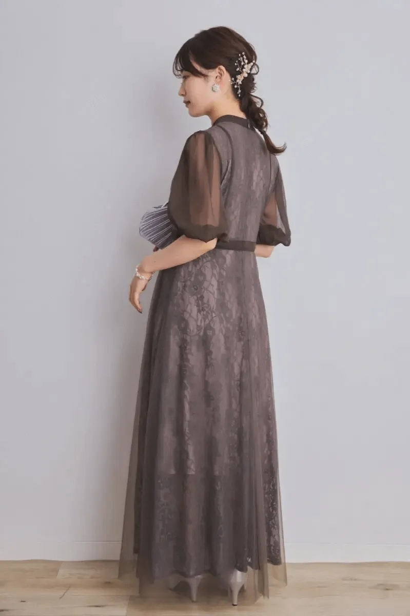 グレーのハイウエストチュールレースドレス