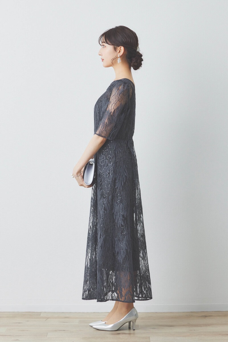 ダークグレーのスパンコールアネモネドレス
