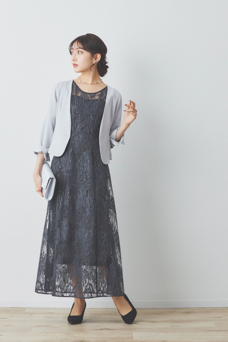 ダークグレーのスパンコールアネモネドレス
