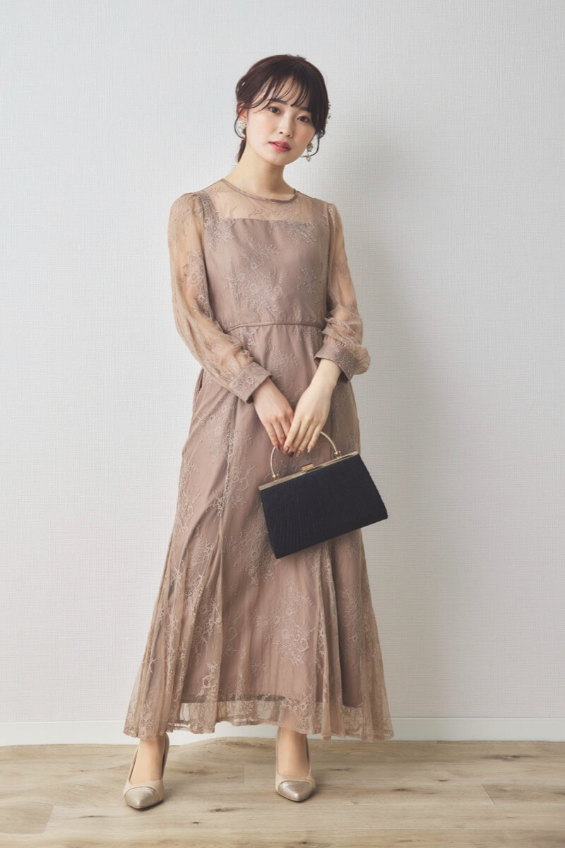 モカのバックリボン総レースドレス