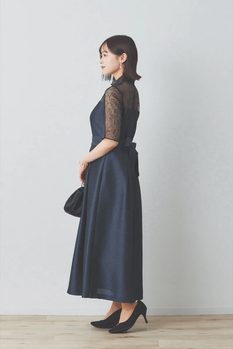 ネイビーのフロッキー×ジャガードドレス