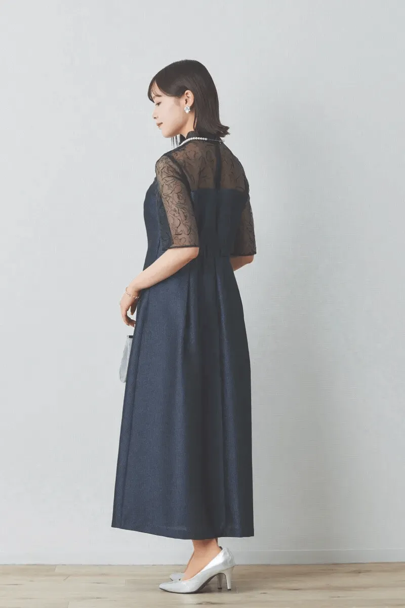 ネイビーのフロッキー×ジャガードドレス