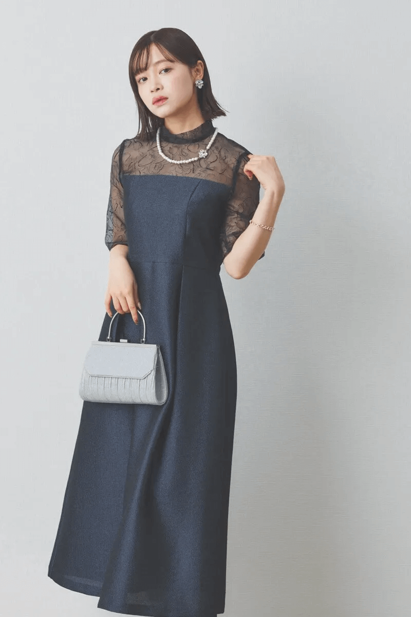 ネイビーのフロッキー×ジャガードドレス