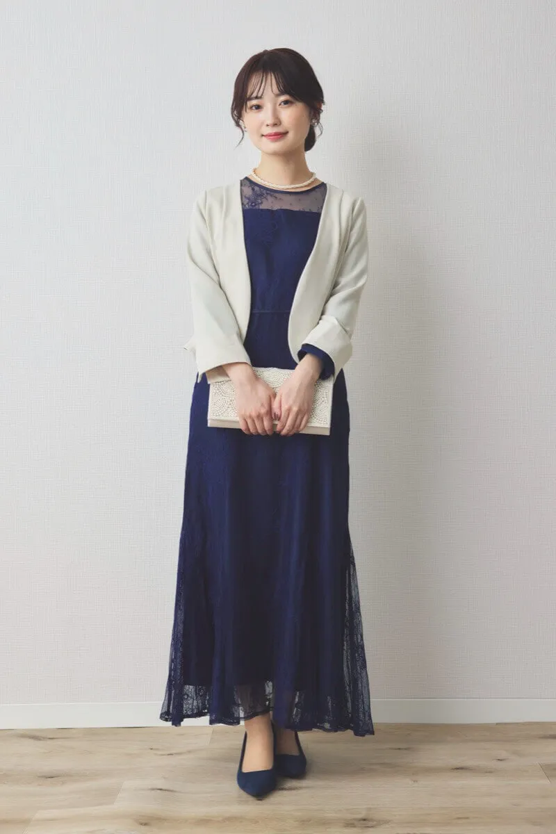 ネイビーのバックリボン総レースドレス