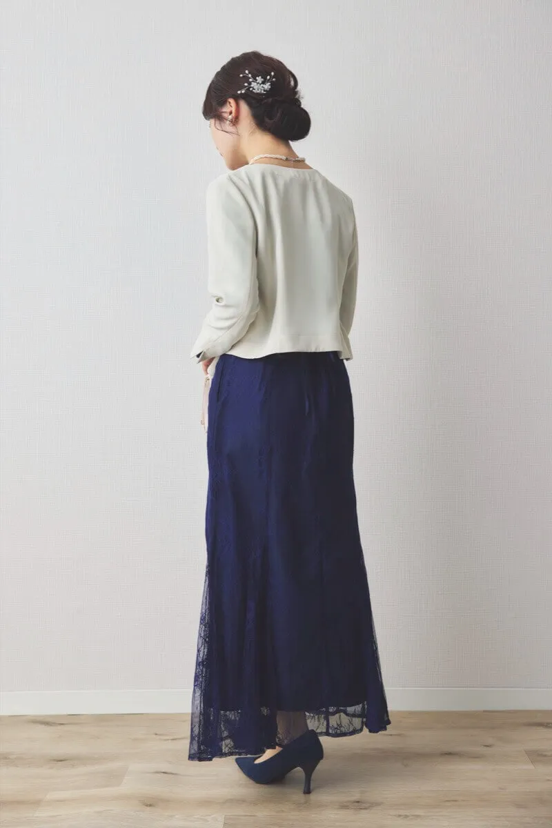 ネイビーのバックリボン総レースドレス