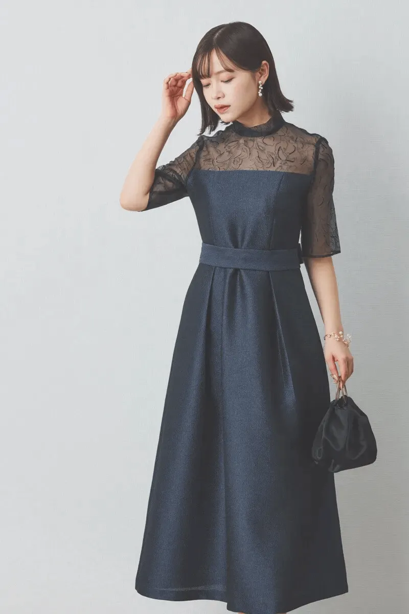 ネイビーのフロッキー×ジャガードドレス