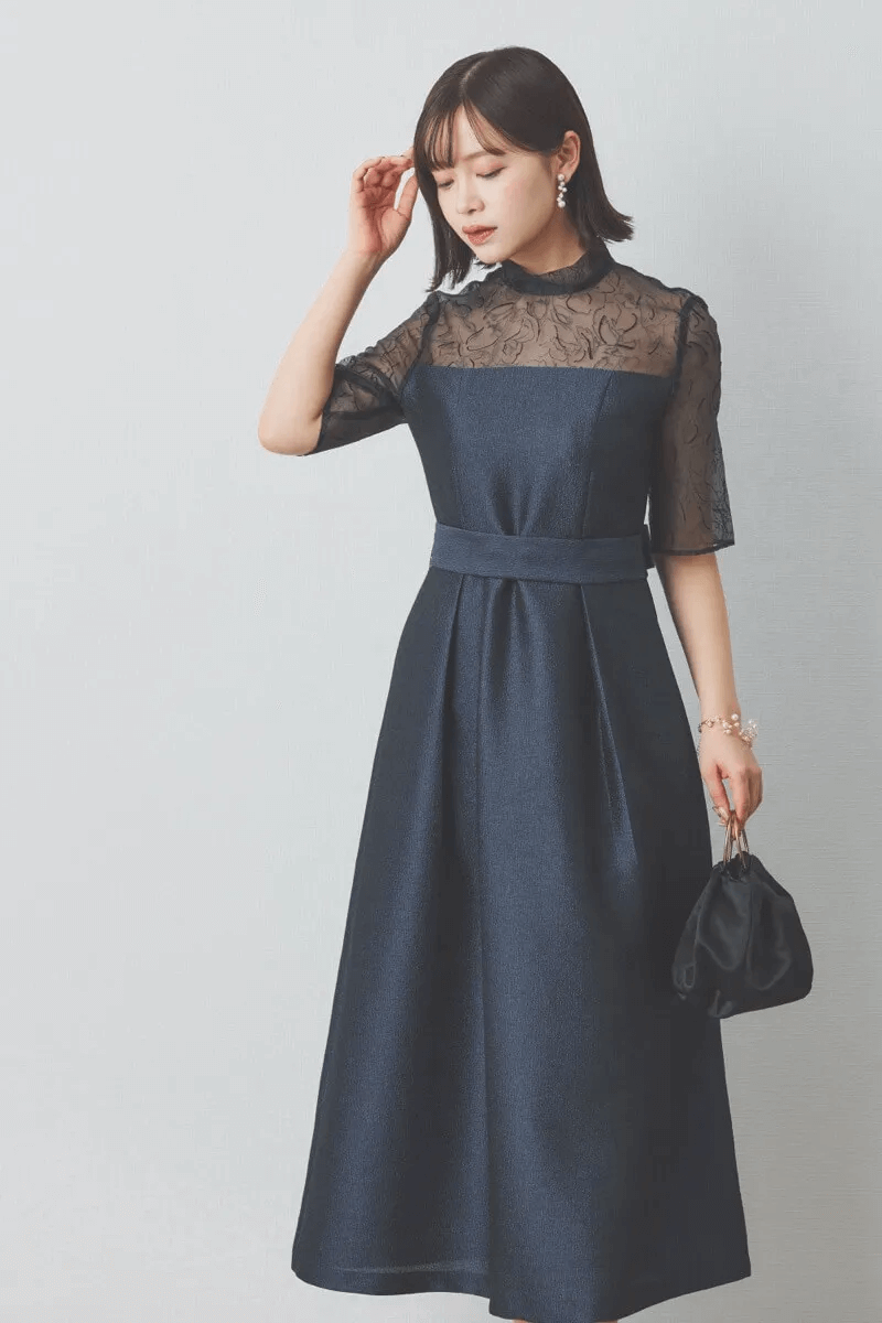 ネイビーのフロッキー×ジャガードドレス