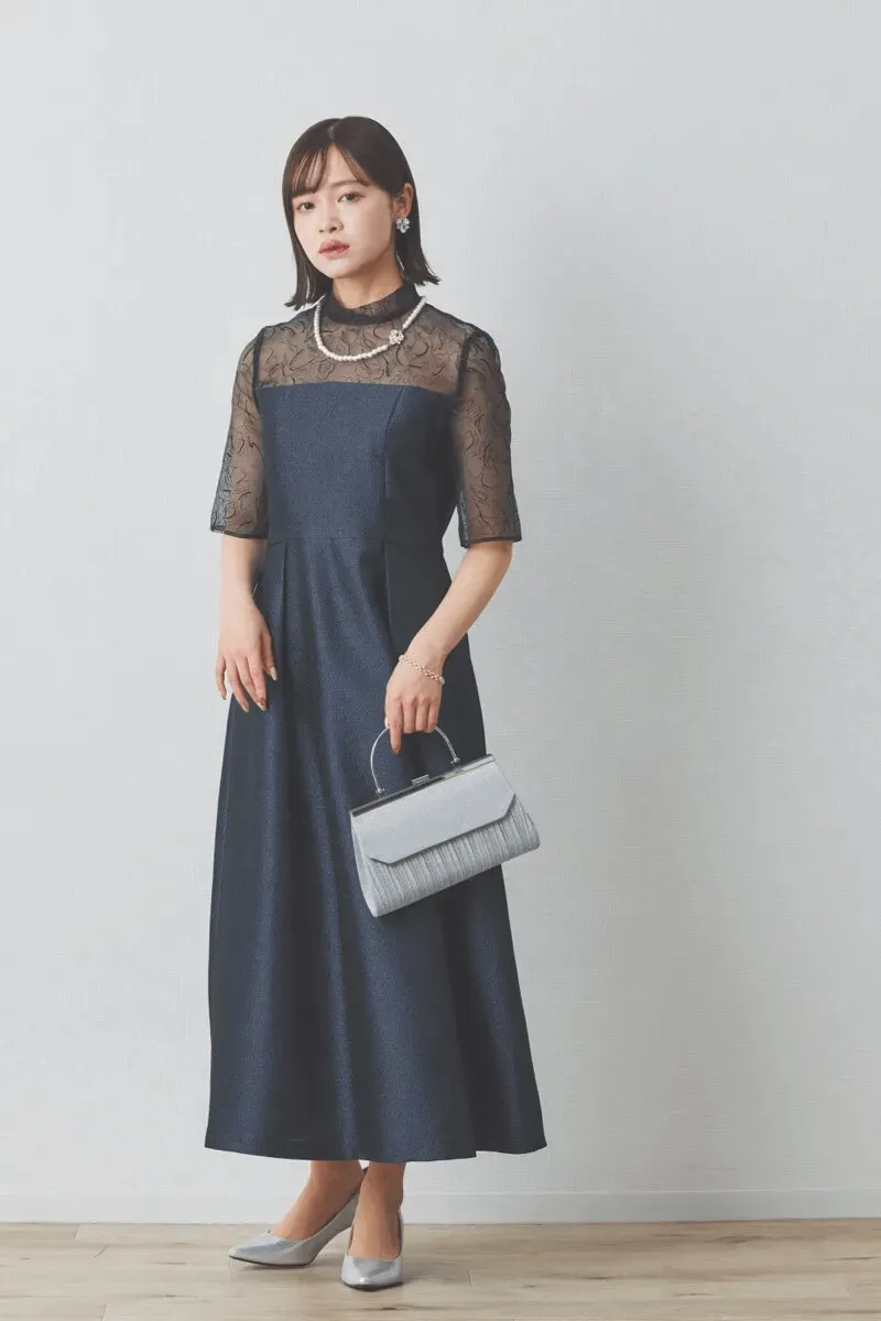 ネイビーのフロッキー×ジャガードドレス