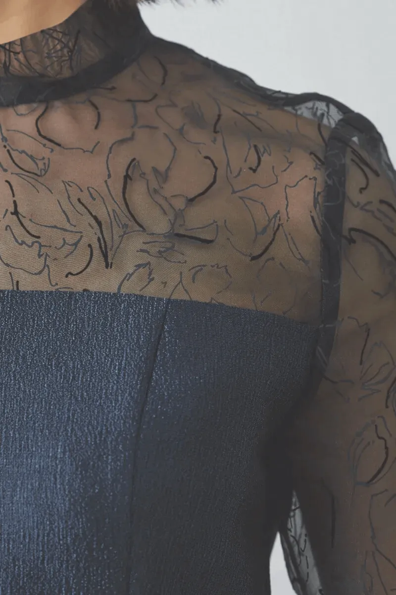 ネイビーのフロッキー×ジャガードドレス