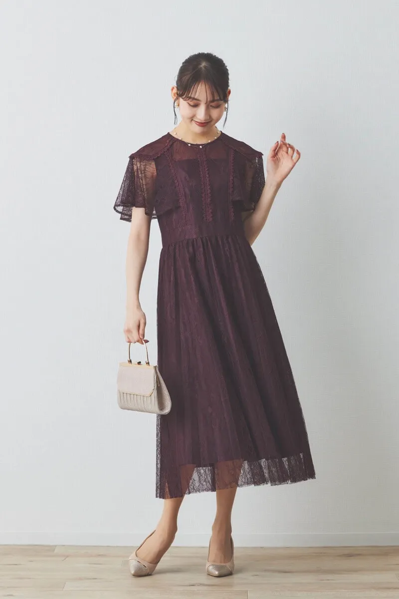 ワインレッドのミックスレースプリーツドレス[M] REPLETEのレンタル