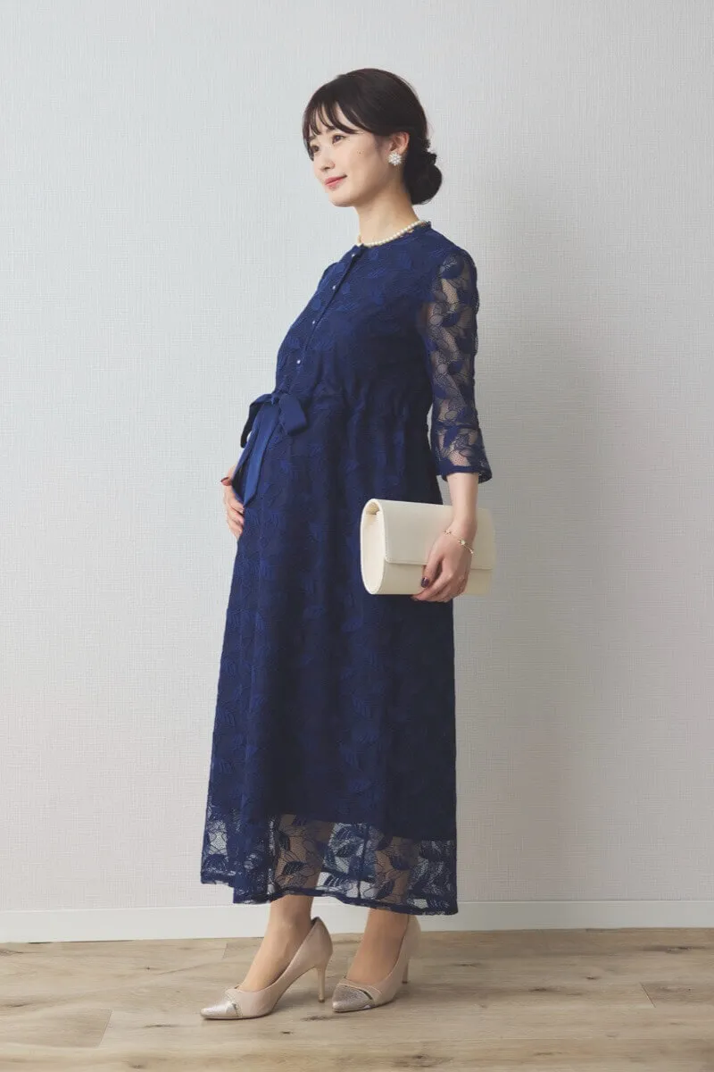ネイビーの前開き総レースマタニティドレス