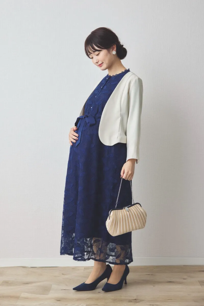 ネイビーの前開き総レースマタニティドレス