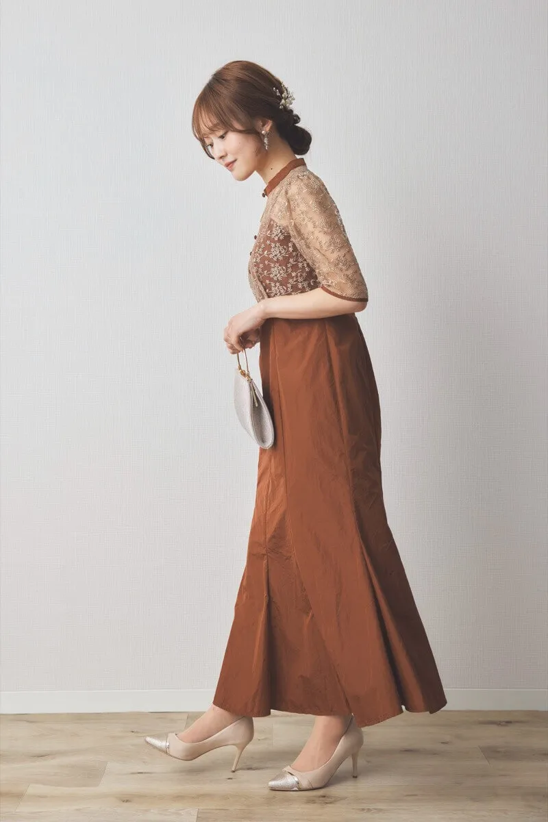 ブラウンの花柄レースマーメイドフレアドレス