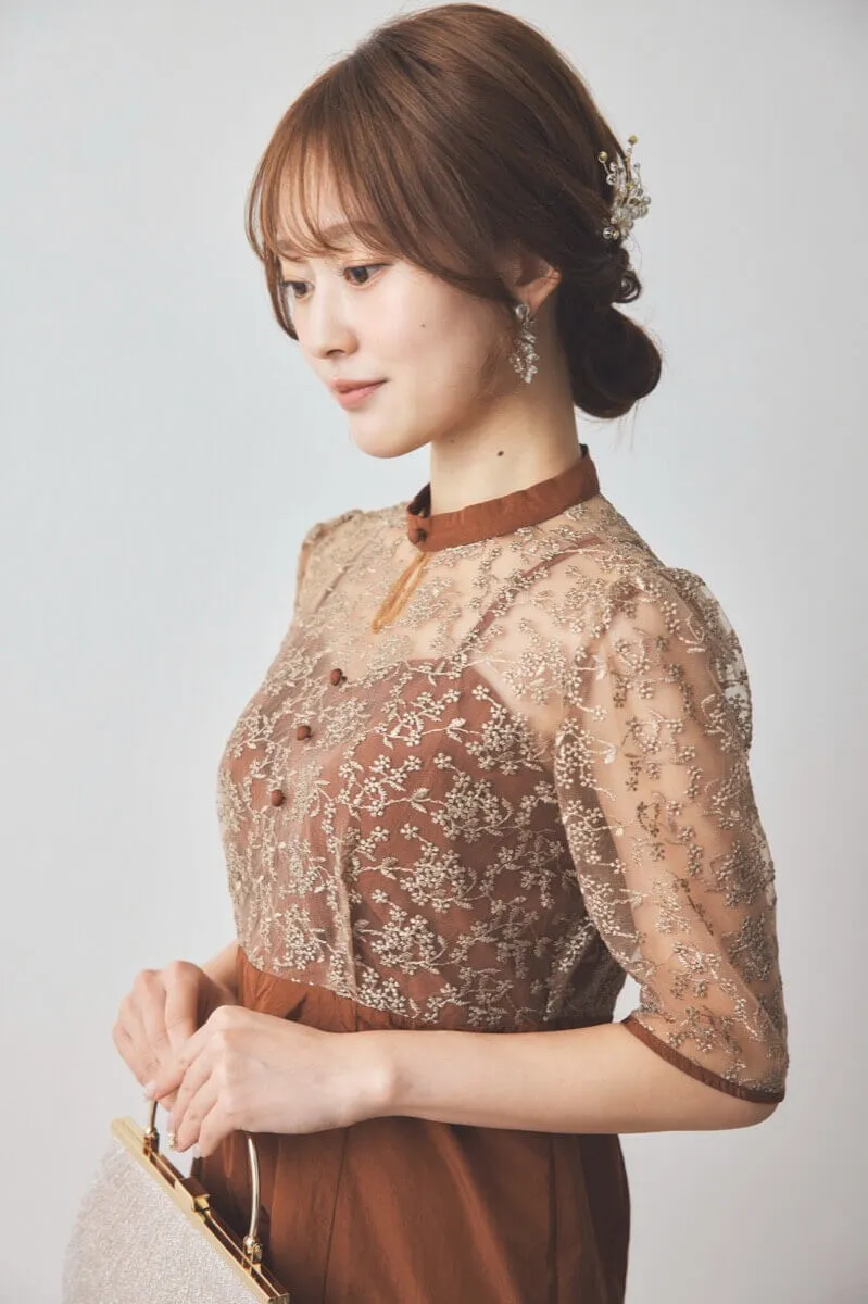 ブラウンの花柄レースマーメイドフレアドレス