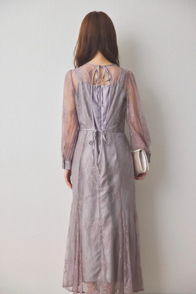 グレージュのバックリボン総レースドレス