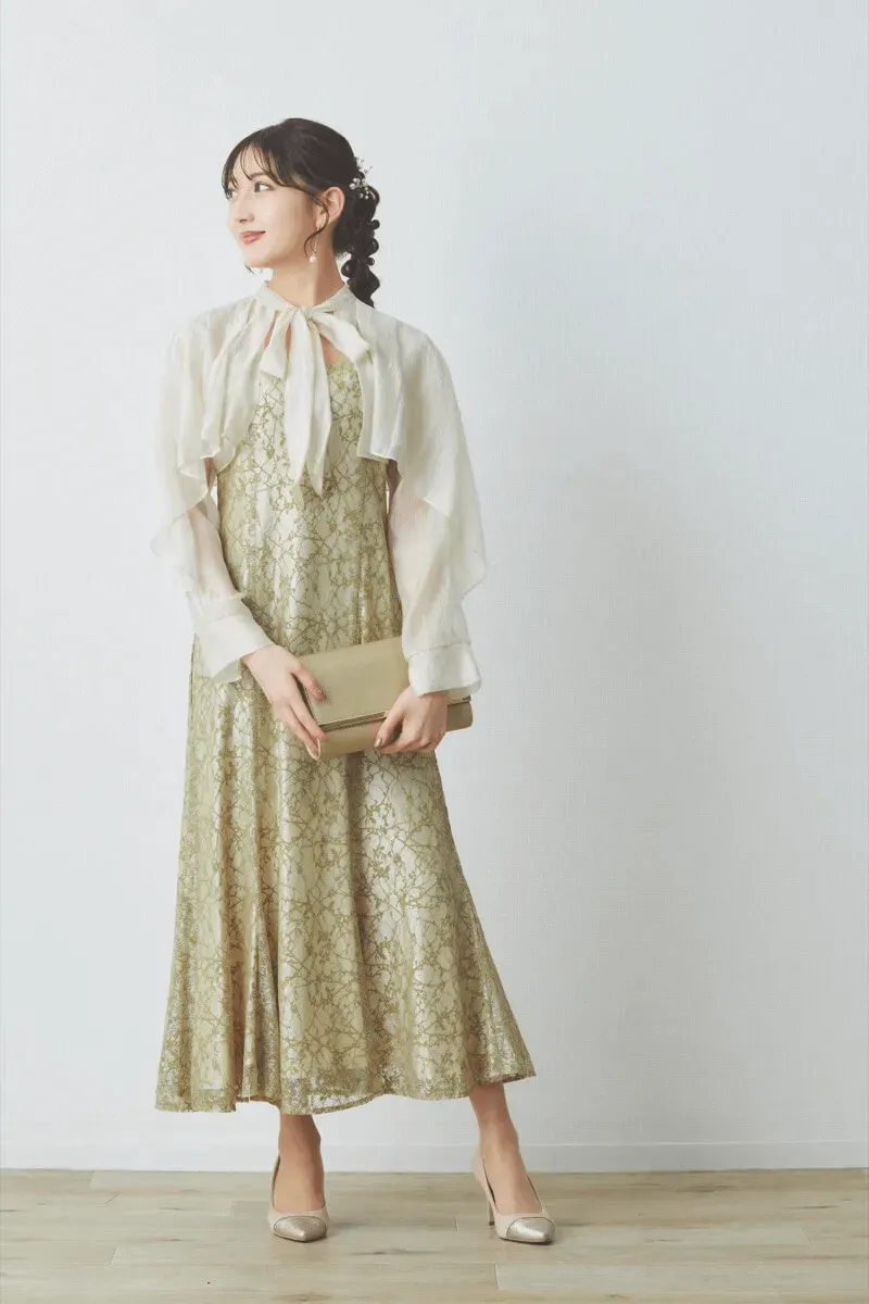 イエローのリボンブラウス付きマーメイドドレス