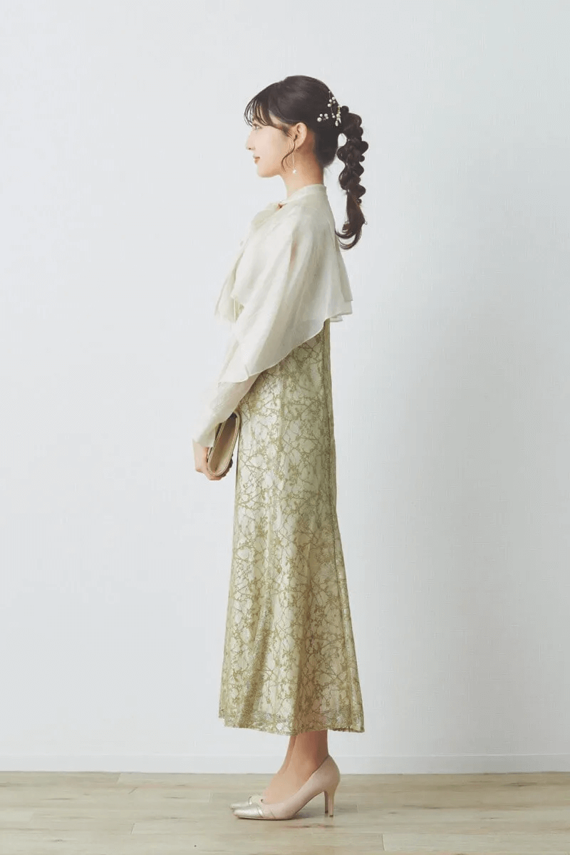 イエローのリボンブラウス付きマーメイドドレス