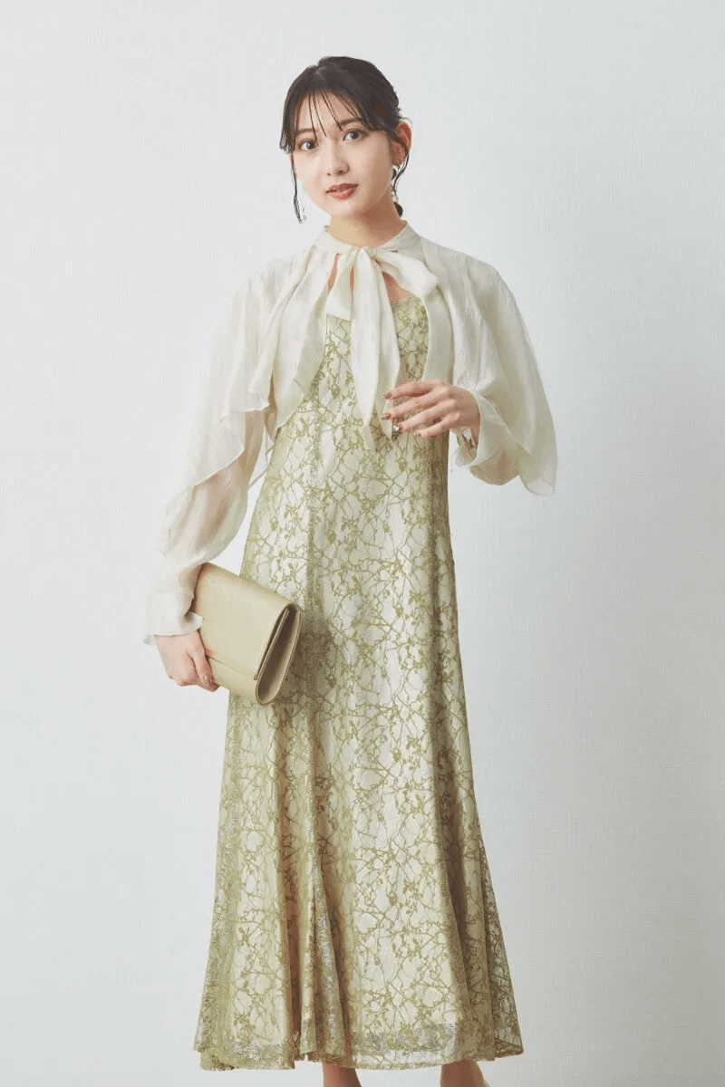 イエローのリボンブラウス付きマーメイドドレス