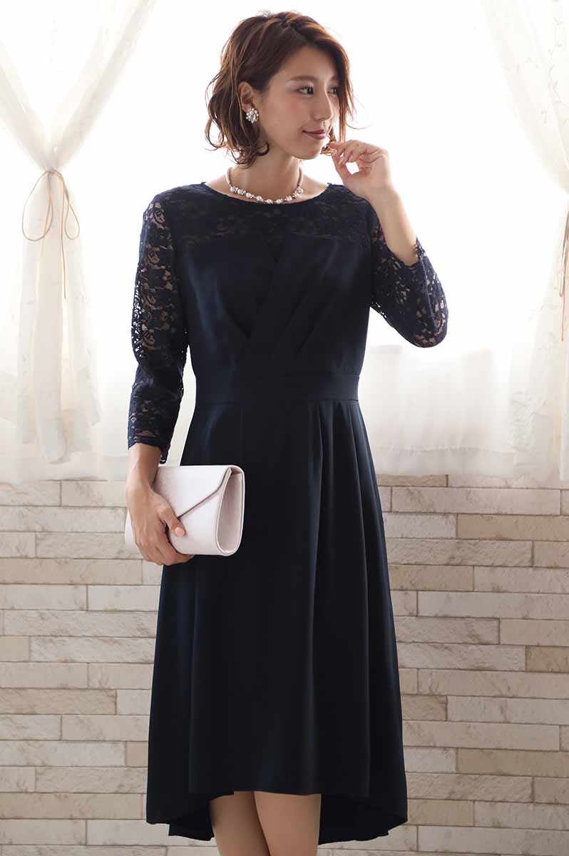 ネイビーの七分袖レースビスチェデザインドレス