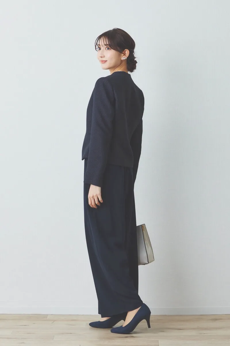 ネイビーのレース袖ワイドパンツセレモニースーツセット