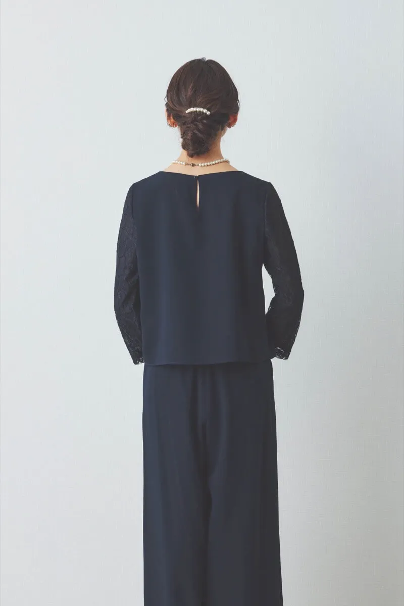 ネイビーのレース袖ワイドパンツセレモニースーツセット
