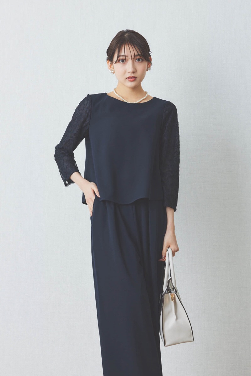 ネイビーのレース袖ワイドパンツセレモニースーツセット