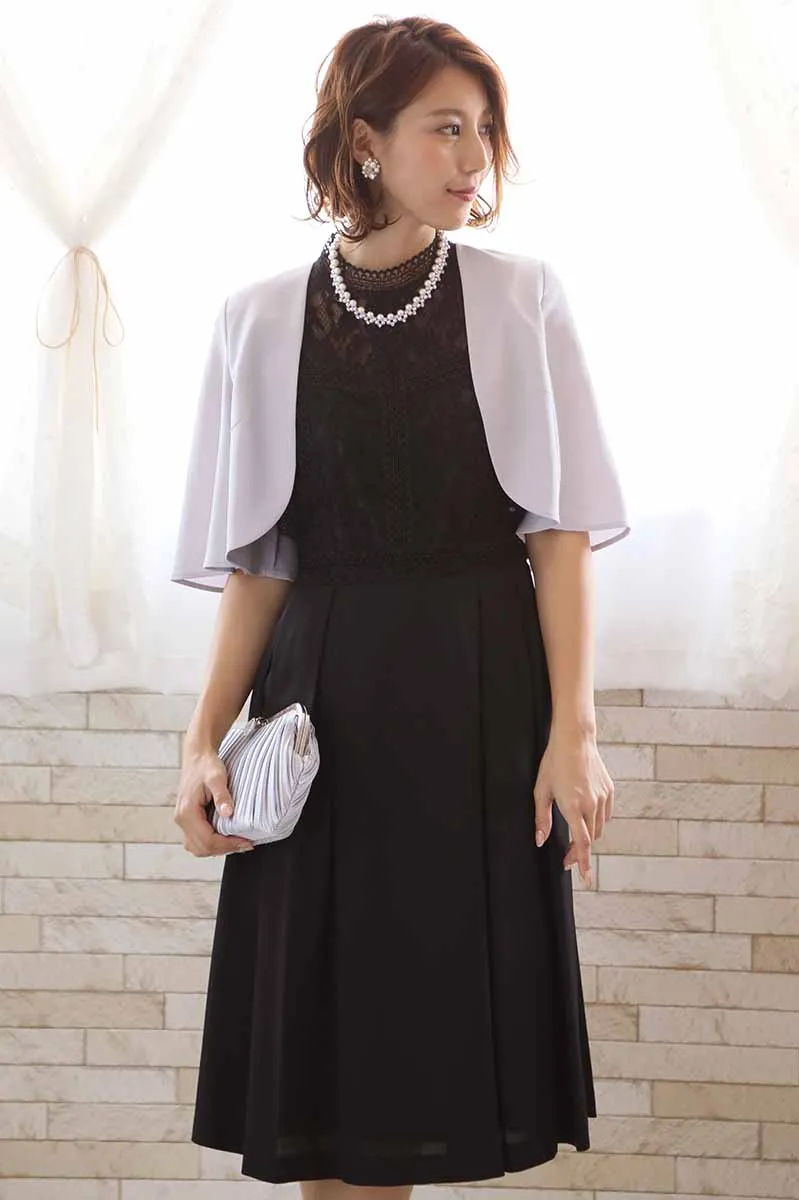 ブラックのスタンドカラーレースドレスコーディネートセット