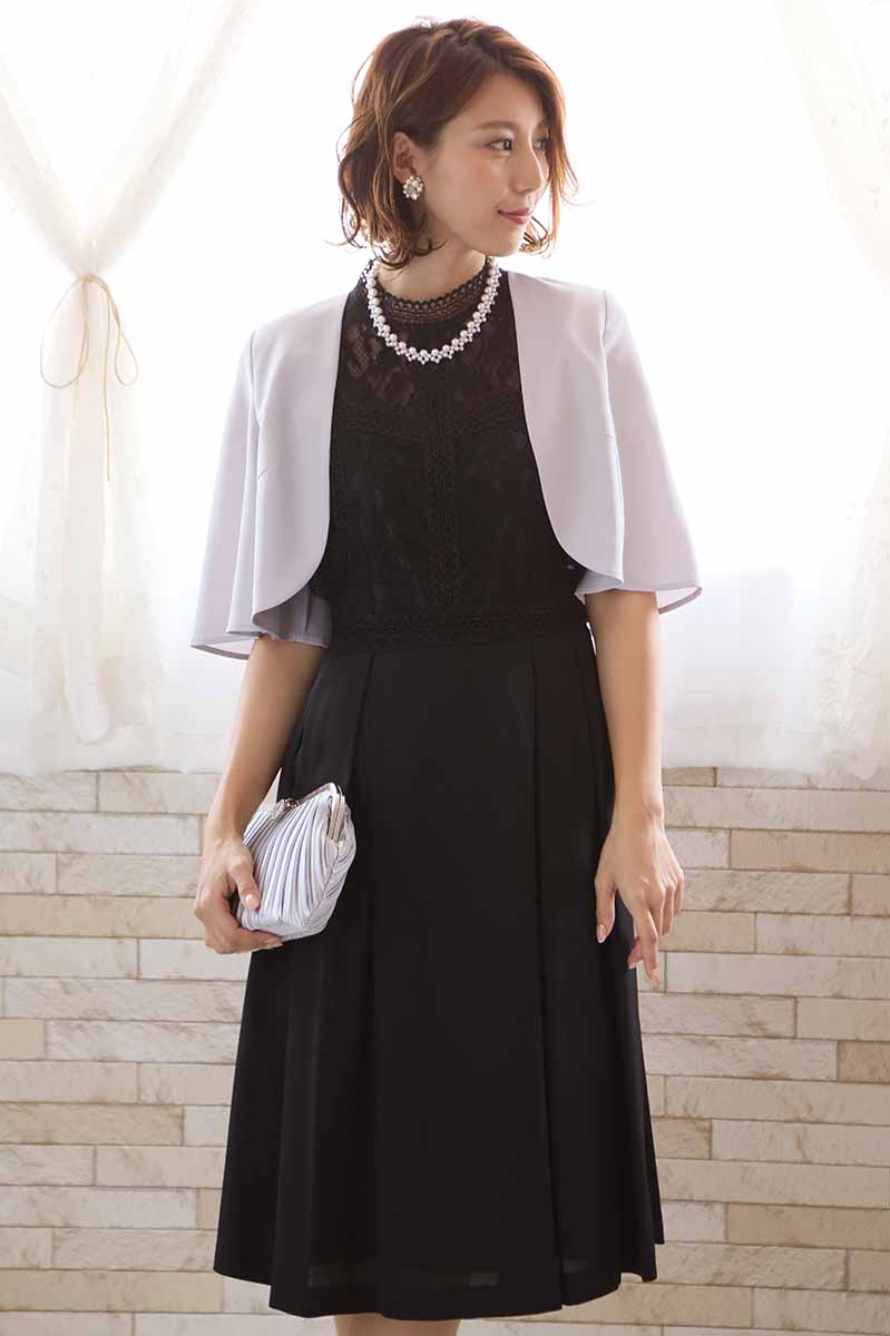 ブラックのスタンドカラーレースドレスコーディネートセット