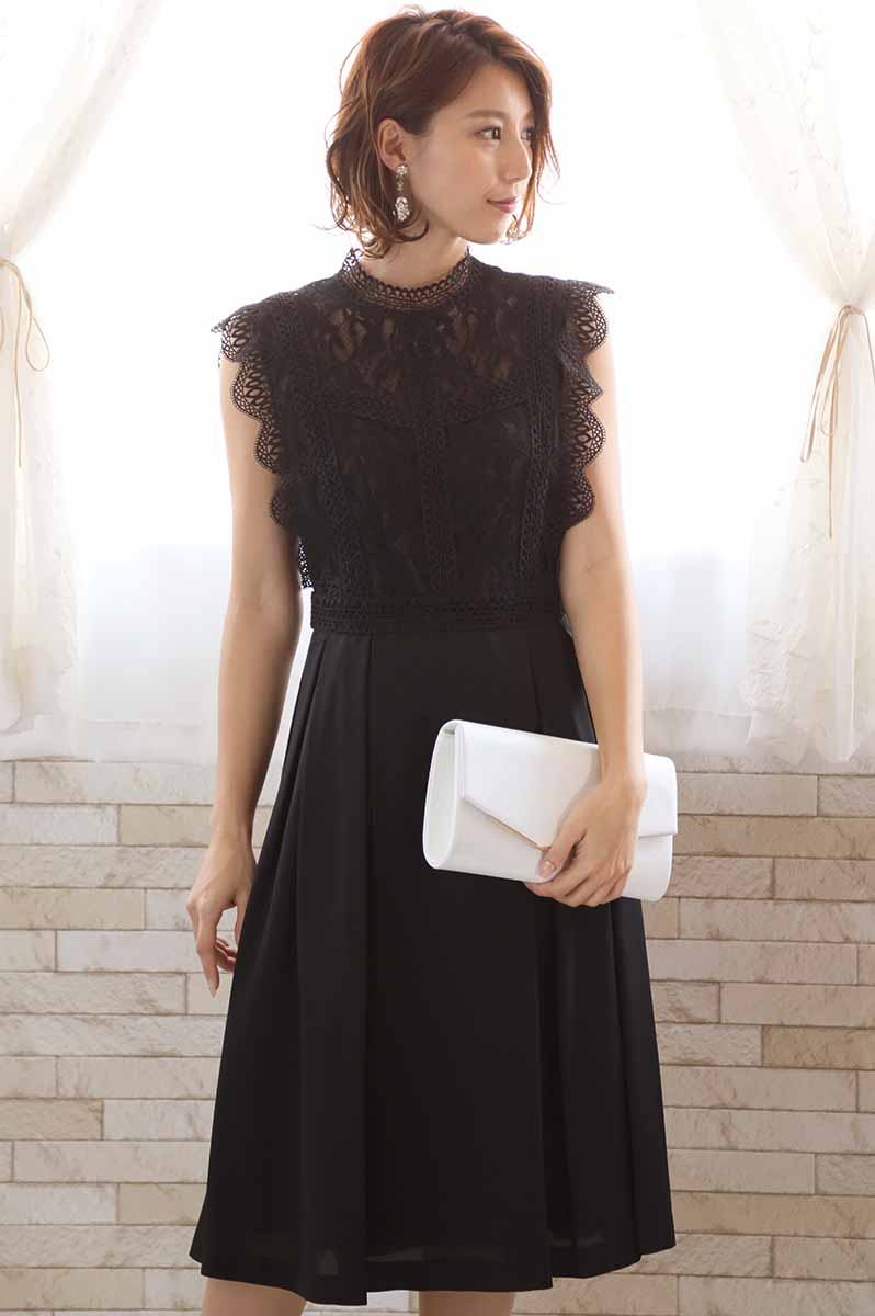 ブラックのスタンドカラーレースドレスコーディネートセット