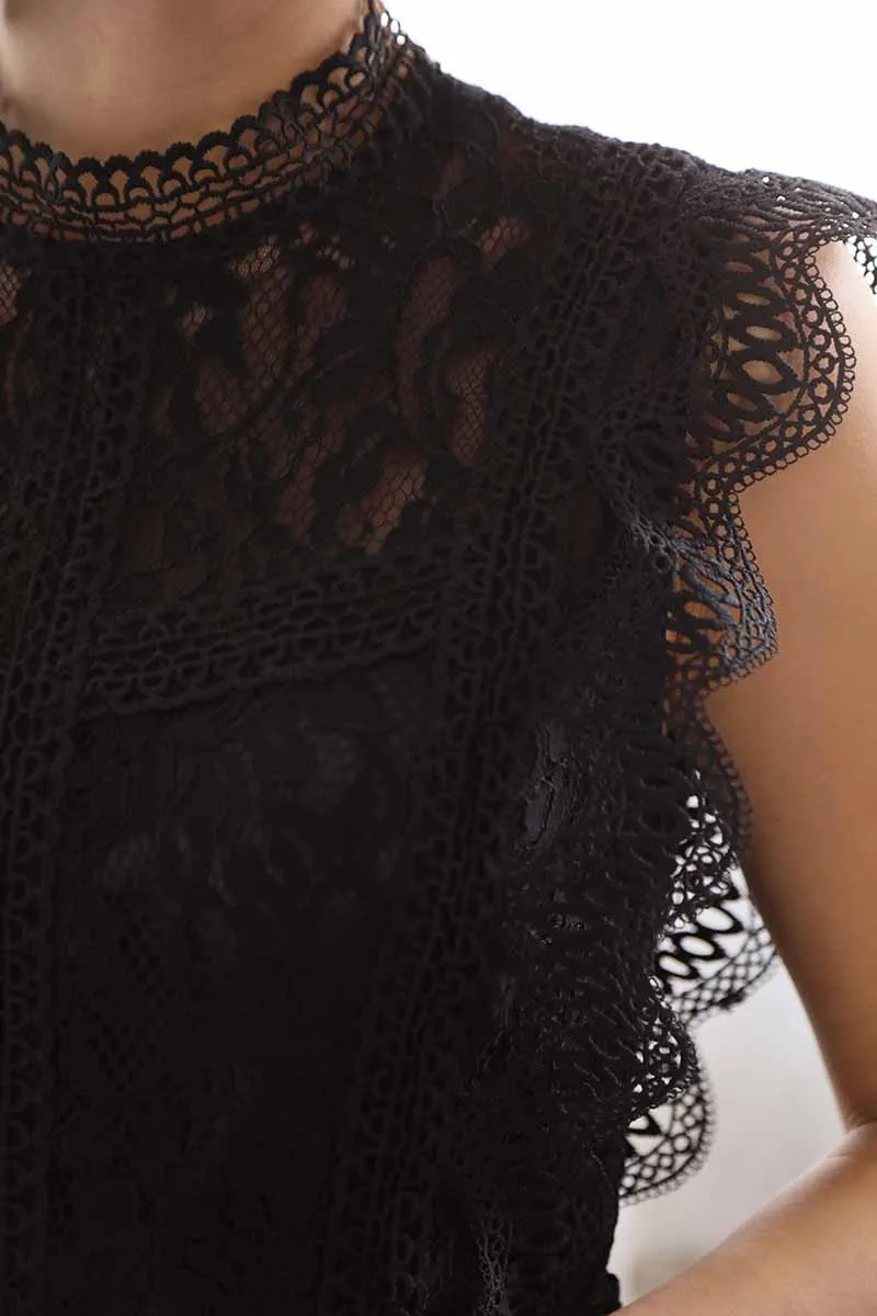 ブラックのスタンドカラーレースドレスコーディネートセット