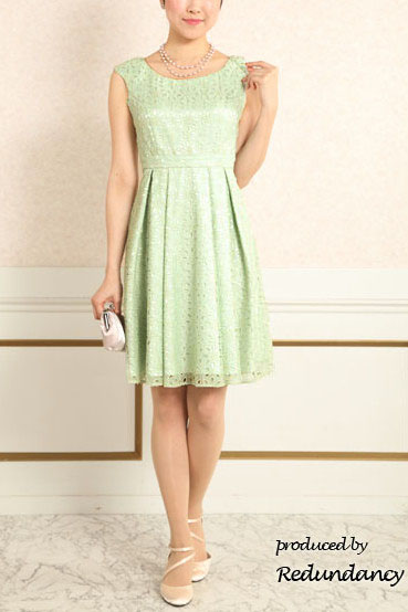 ミントグリーンの花柄総レース背中編み上げドレス