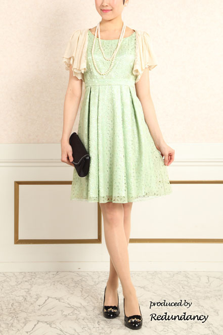 ミントグリーンの花柄総レース背中編み上げドレス