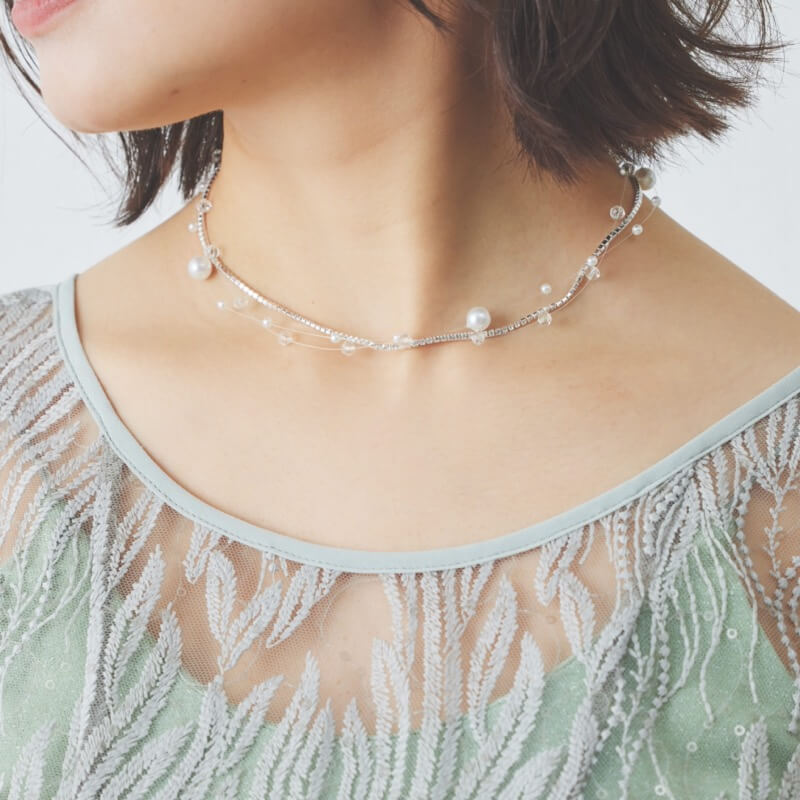 ワイヤーパールとシルバービジュネックレス